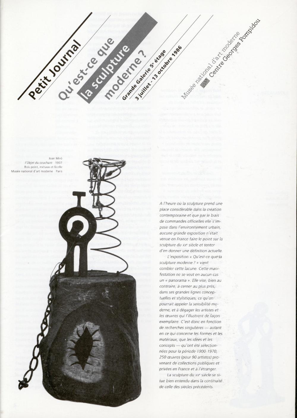 Petit Journal: Qu'est-ce Que C'est La Sculpture Moderne? Centre Georges Pompidou, July 3 - October 13, 1986 [EXHIBITION PAMPHLET] 