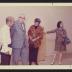 Noguchi with Noguchi with Bernard Leach, Janet Leach and Mihoko Okamura at exhibition opening, Minami Gallery, 1973 