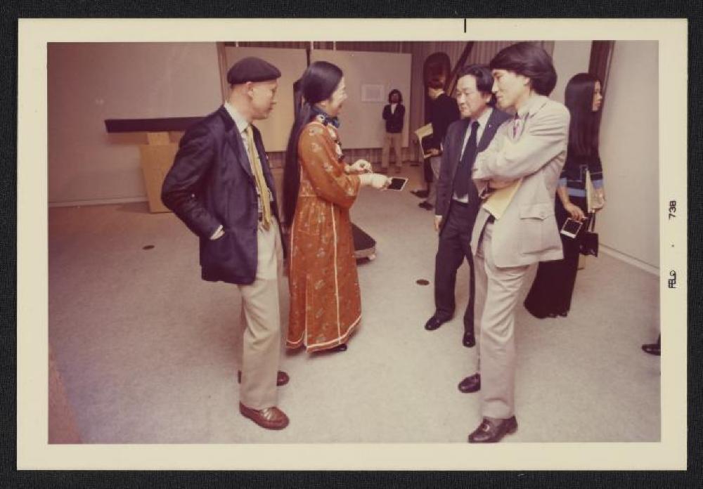 Michio Noguchi (beret) and guests at exhibition opening, Minami Gallery, 1973