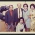 Noguchi with Taro Okamoto and guests in front of Black Sun, exhibition opening, Minami Gallery, 1973