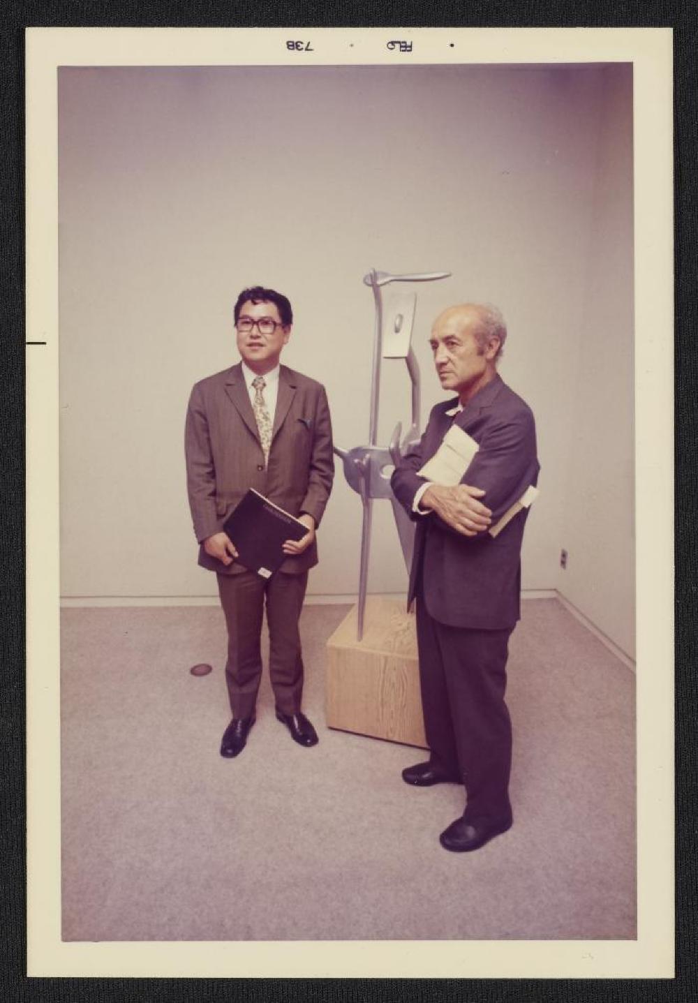Noguchi with Strange Bird, exhibition opening, Minami Gallery 1973