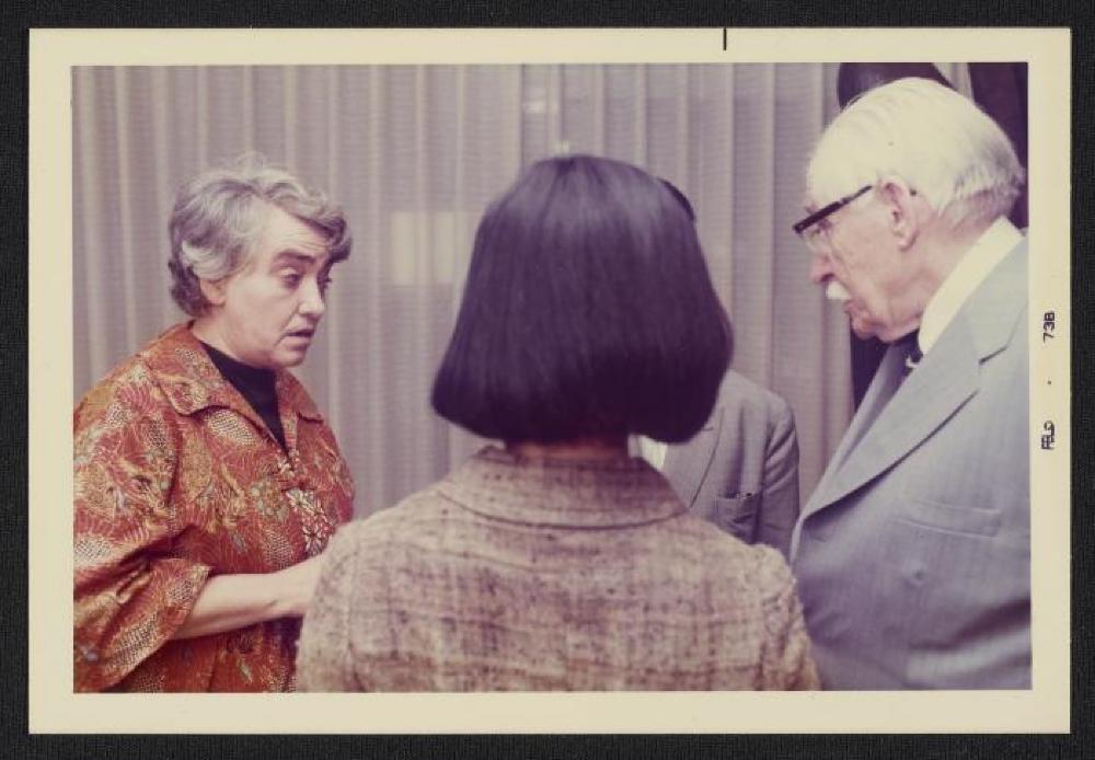 Janet Leach and Bernard Leach at exhibition opening, Minami Gallery, 1973