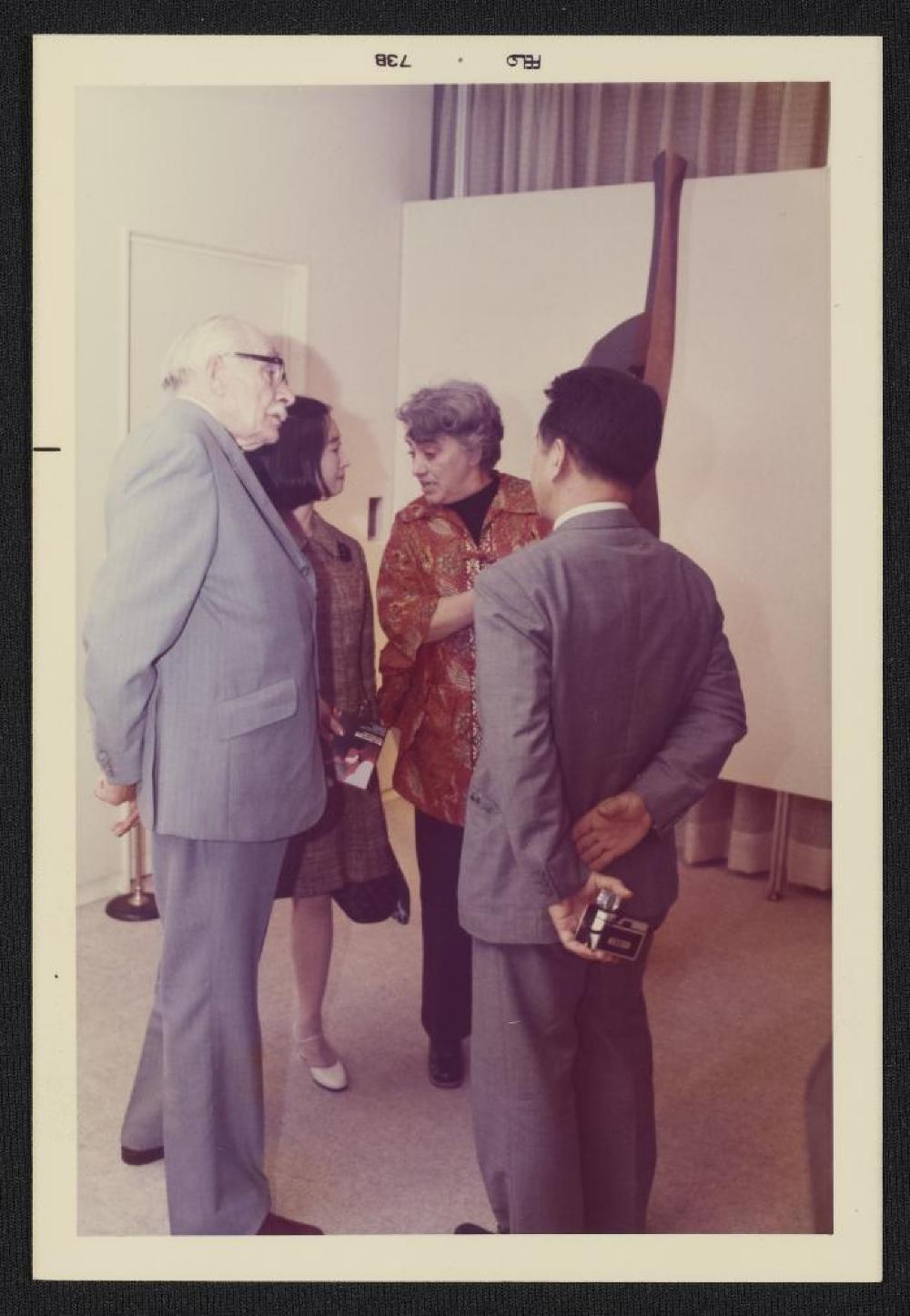 Noguchi with Bernard Leach, Janet Leach, Mihoko Okamura and guests at exhibition opening, Minami Gallery, 1973 at exhibition opening, Minami Gallery, 1973