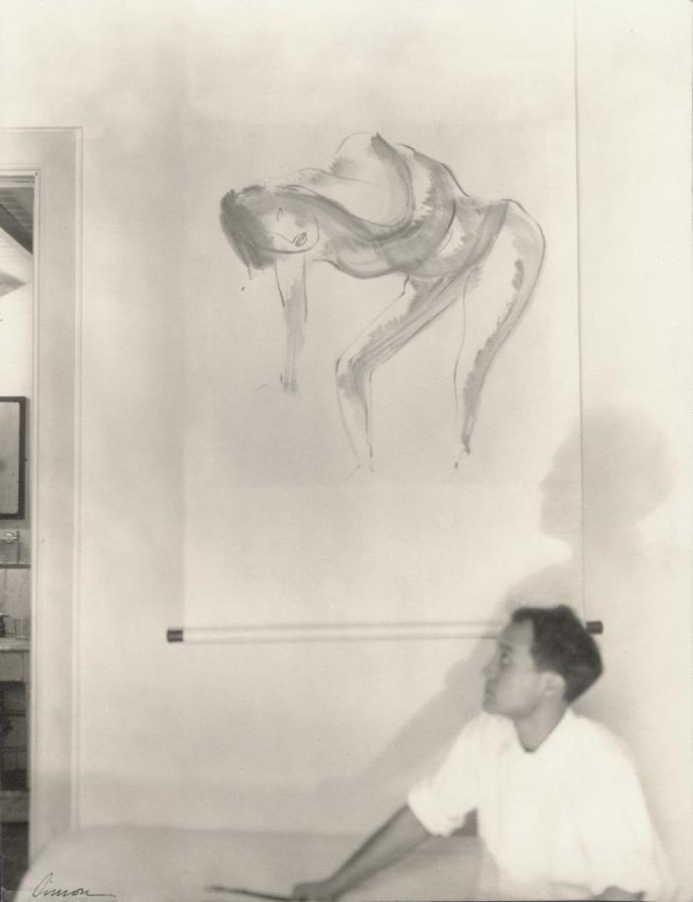 Isamu Noguchi at 1932 exhibition at Demotte Gallery in New York of the Peking Brush Drawings