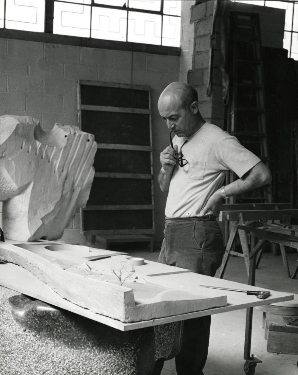 Isamu Noguchi working on model for Riverside Park Playground