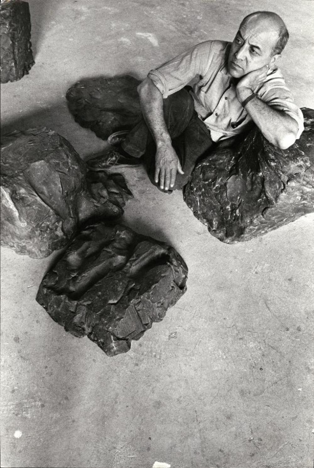 Isamu Noguchi with "Lessons of Musokokushi" in his 10th Street Studio, Long Island City, NY