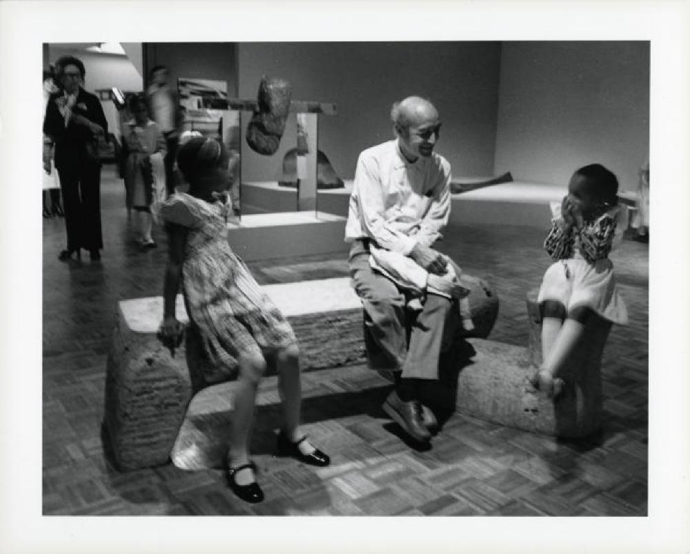 Noguchi at opening reception for "Noguchi's Imaginary Landscapes," Detroit Institute of Fine Arts, April 10 – June 10 1979 (travel from Walker Art Center).