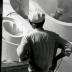 Isamu Noguchi observing installation process for Isamu Noguchi:  What is Sculpture?, 1986 Venice Biennale, June 29, 1986 - September 28, 1986.