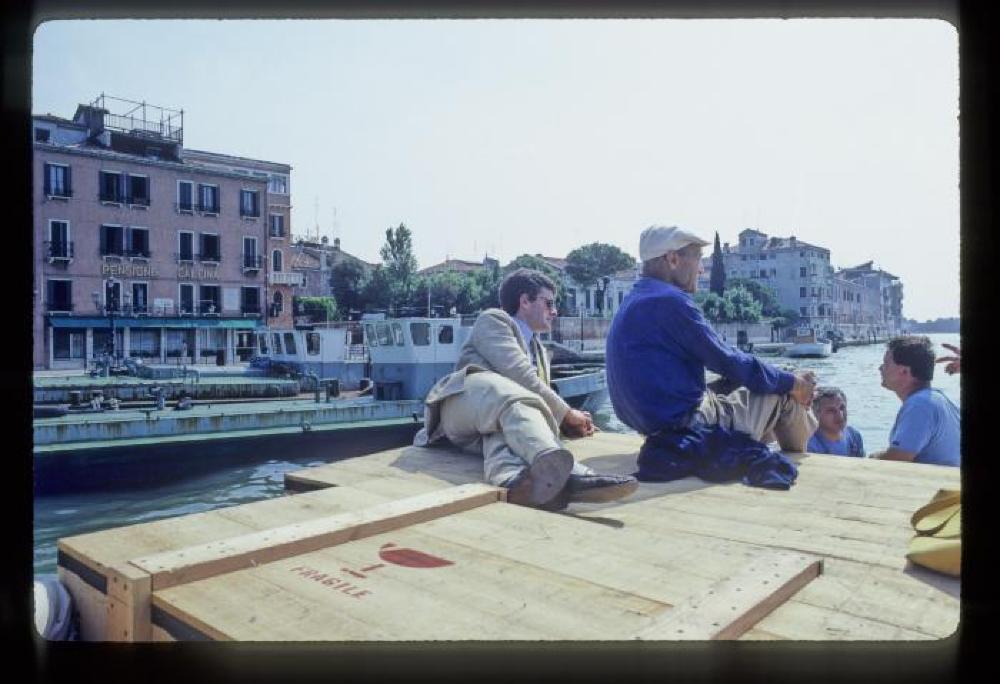 Isamu Noguchi during installation process for "Isamu Noguchi: What is Sculpture," 1986 Venice Biennale