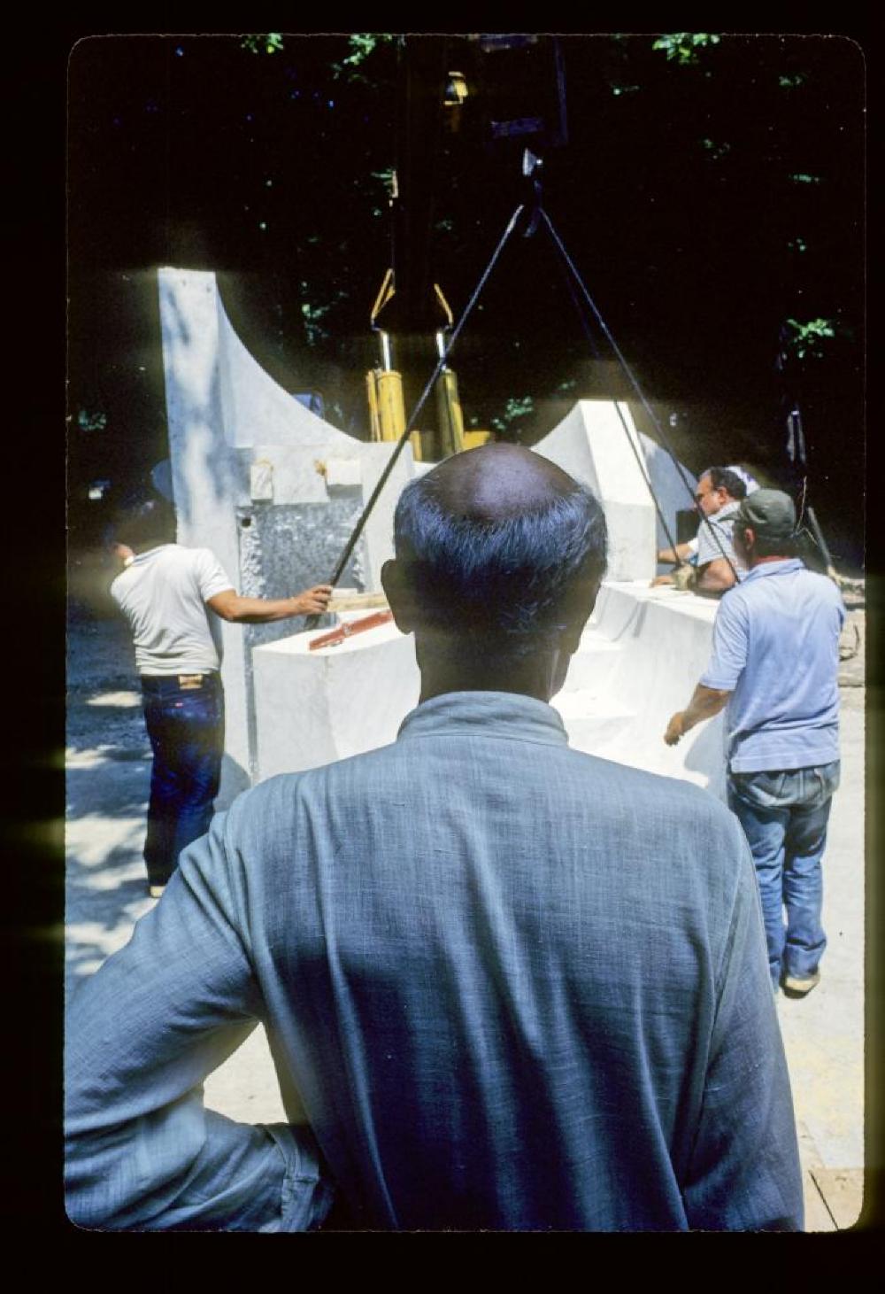 Isamu Noguchi during installation process for "Isamu Noguchi: What is Sculpture," 1986 Venice Biennale