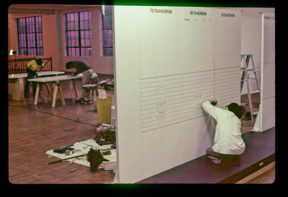 Shoji Sadao's team preparing for a Buckiminster Fuller installation (for the Cooper-Hewitt MAN TransFORMS) at 32-37 Vernon Boulevard