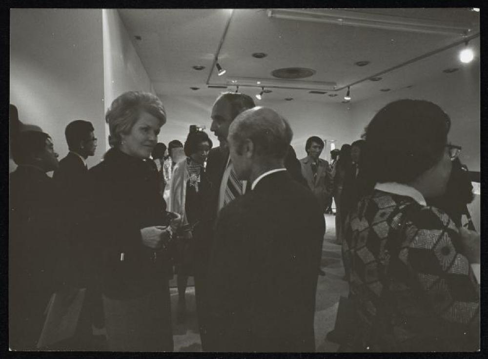 Isamu Noguchi at opening for "Isamu Noguchi," Minami Gallery 