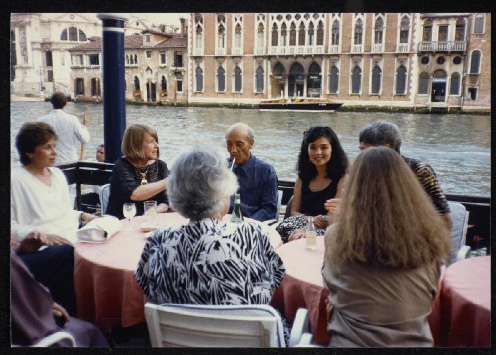 Isamu Noguchi with Priscilla Morgan, Kyoko Kawamura, J.B. Blunk, Ailes Spinden and others at event for "Isamu Noguchi: What is Sculpture?" 1986 Venice Biennale