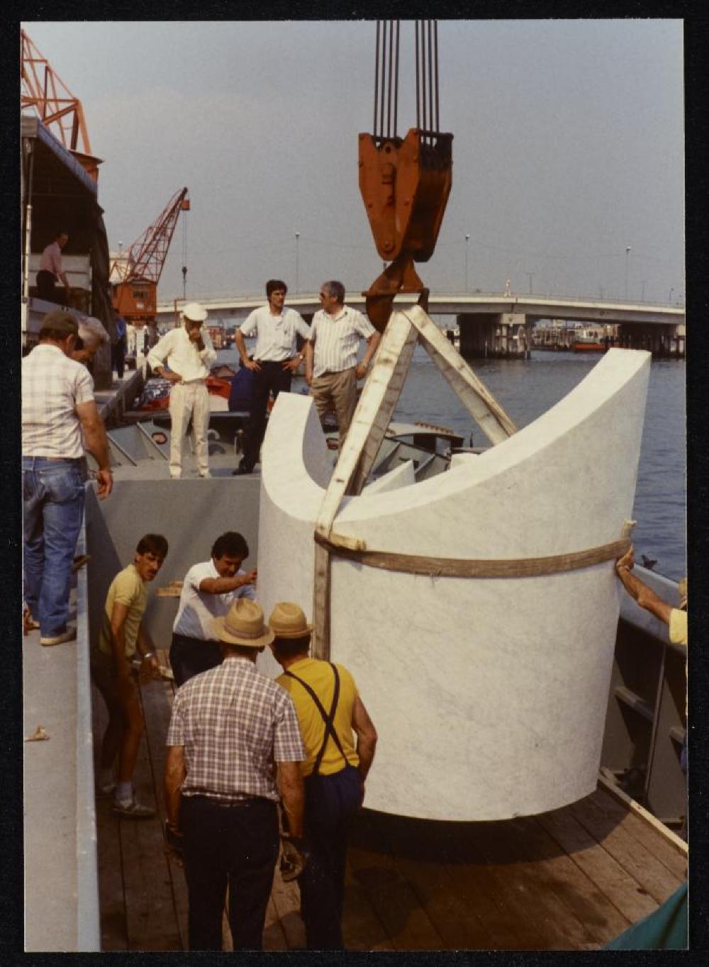 Transport of Slide Mantra through Venice for "Isamu Noguchi: What is Sculpture?," 1986 Venice Biennale, June 29, 1986 - September 28, 1986.
