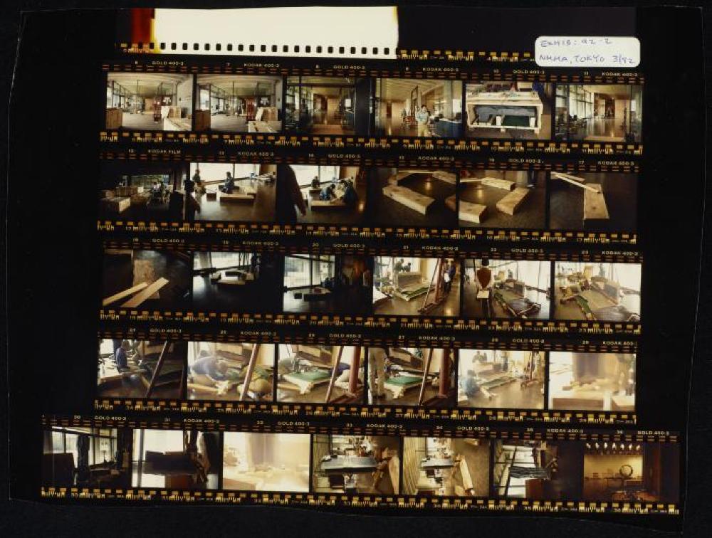Contact sheet of exhibit installation images for "Isamu Noguchi Retrospective," National Museum of Modern Art, Tokyo