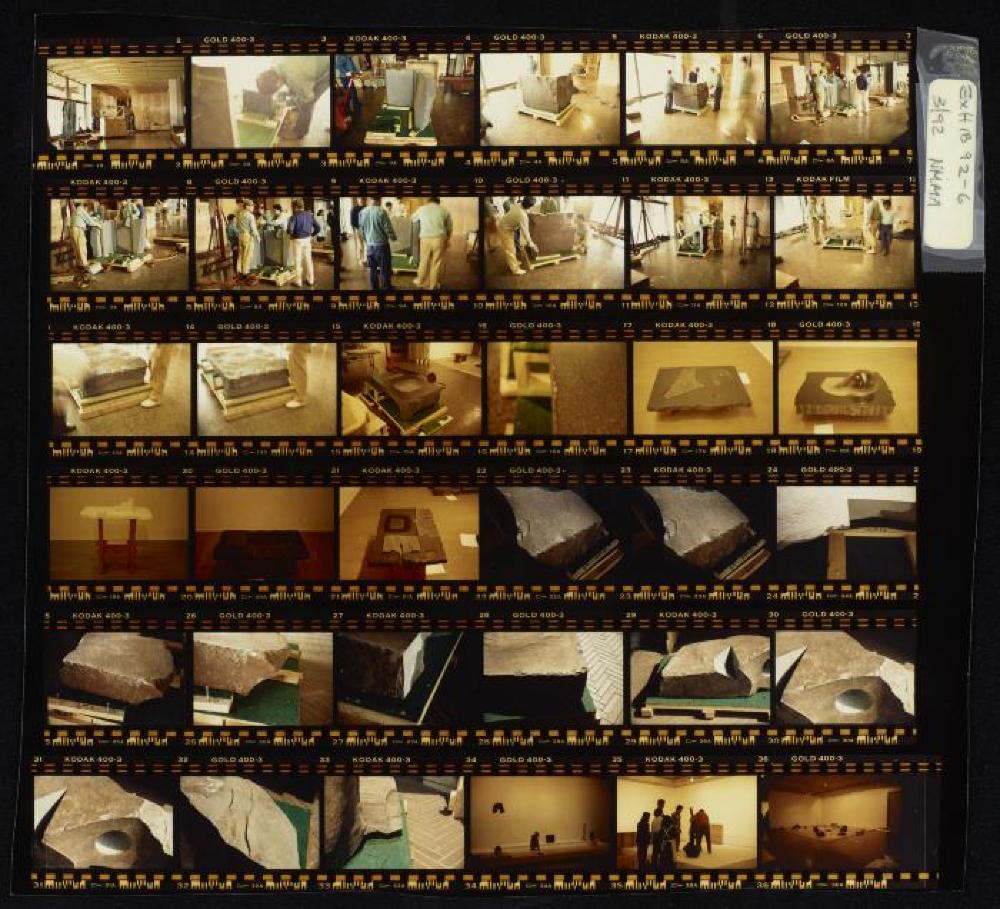 Contact sheet of exhibit installation images for "Isamu Noguchi Retrospective," National Museum of Modern Art, Tokyo