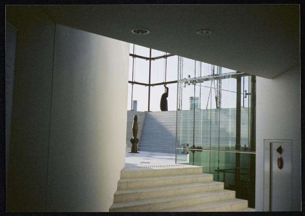 Installation view of "Isamu Noguchi Exhibition in the Glass Pyramid," Moerenuma Park, Glass Pyramid Atrium, July 22, 2003 - August 31, 2003.