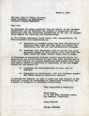 Letter to Hon. John H. Tolan from IN, Shuji Fuji, and George Watanabe